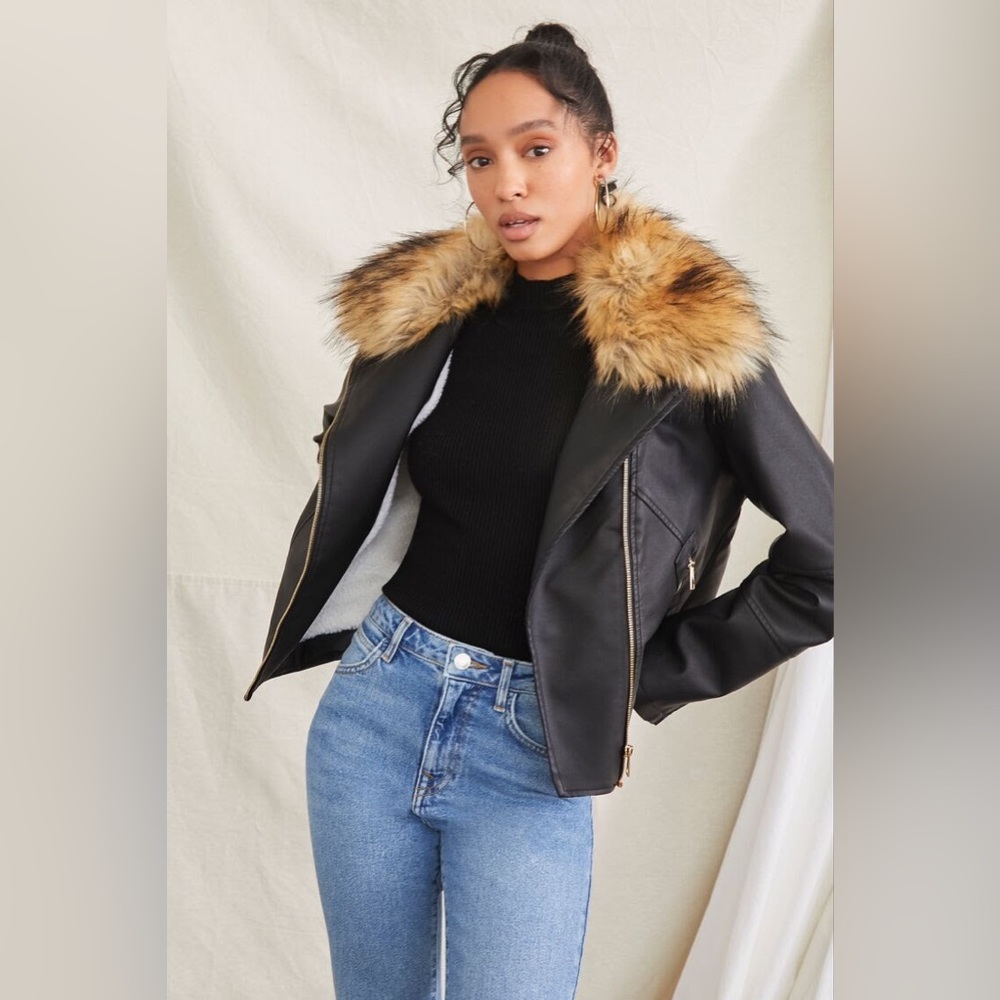 Faux Fur-Collar Zip-Up Moto Jacket